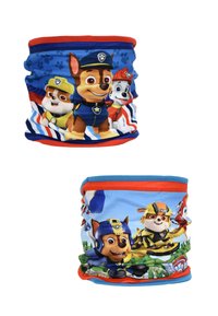 Blauwe stoffen nekgaiter met cartoonhonden in verschillende poses. Het bovenste ontwerp bevat rode accenten en pootafdrukken, terwijl de onderkant een groen landschap toont.