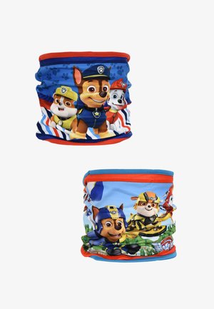 Gaiter de cou en tissu bleu avec des chiens de dessin animé dans différentes poses. Le design en haut comprend des accents rouges et des empreintes de pattes, tandis que le bas montre un paysage vert.