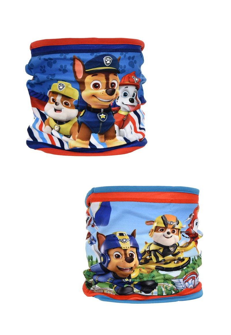 Blauwe stoffen nekgaiter met cartoonhonden in verschillende poses. Het bovenste ontwerp bevat rode accenten en pootafdrukken, terwijl de onderkant een groen landschap toont.