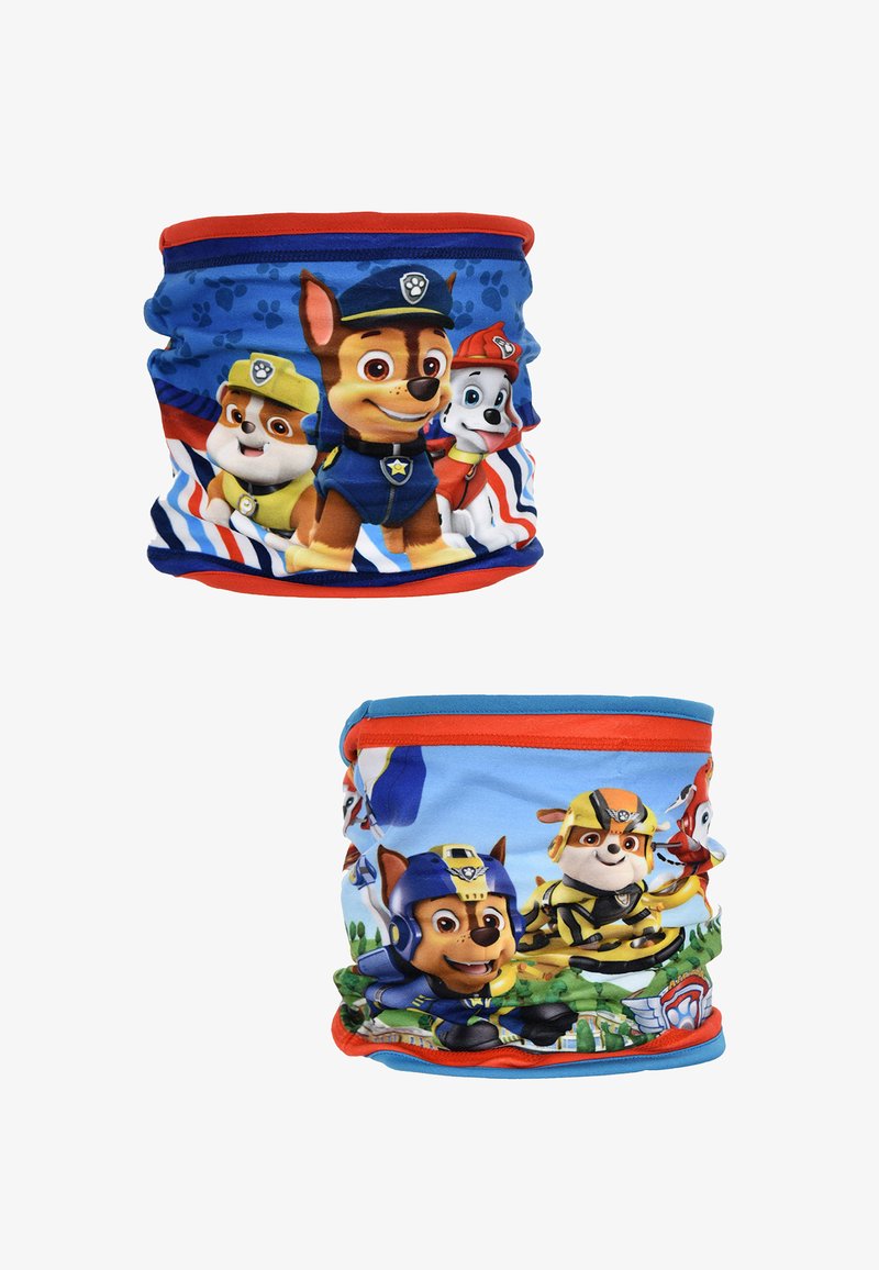 Blauwe stoffen nekgaiter met cartoonhonden in verschillende poses. Het bovenste ontwerp bevat rode accenten en pootafdrukken, terwijl de onderkant een groen landschap toont.