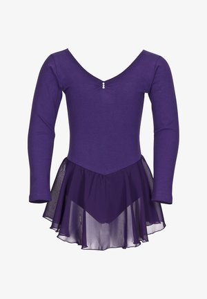 Purple long-sleeve leotard with a V-neck, featuring a fitted bodice and a layered, semi-sheer skirt. Three decorative buttons at the neckline.
