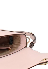 Borsa a mano in pelle rosa chiaro con design strutturato, dettagli in oro e interno foderato con scomparti multipli e tasca con cerniera.