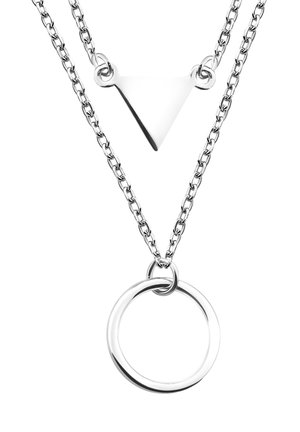 Collier en argent avec deux chaînes, l'une portant un pendentif triangulaire pointant vers le bas, l'autre un pendentif anneau circulaire.