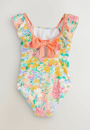 Monivärinen kukkakuvioinen yksiosainen uimapuku, jossa röyhelöhihat ja korallinen rusetti edessä. Kuvioissa erilaisia kukkia ja vihreitä kasveja.