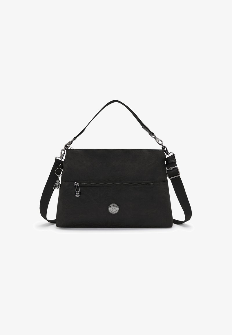 Zwarte rechthoekige handtas met een voorste ritszak, afneembare schouderriem, korte handgreep en een cirkelvormig merkembleem op de voorkant.