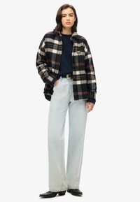 Plaid shirt jacket in black, white, and beige; navy sweater; light blue wide-leg jeans; black footwear with a pointed toe.