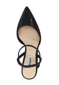 Black pointed-toe heeled sandal with shiny textured upper, thin crisscross straps, and a light beige insole featuring branding.