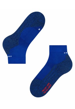 Blauwe enkelsokken met een gestructureerd ontwerp, geribde boorden en versterkte hiel- en teensecties. Maat en merknaam zijn op de zool gedrukt.