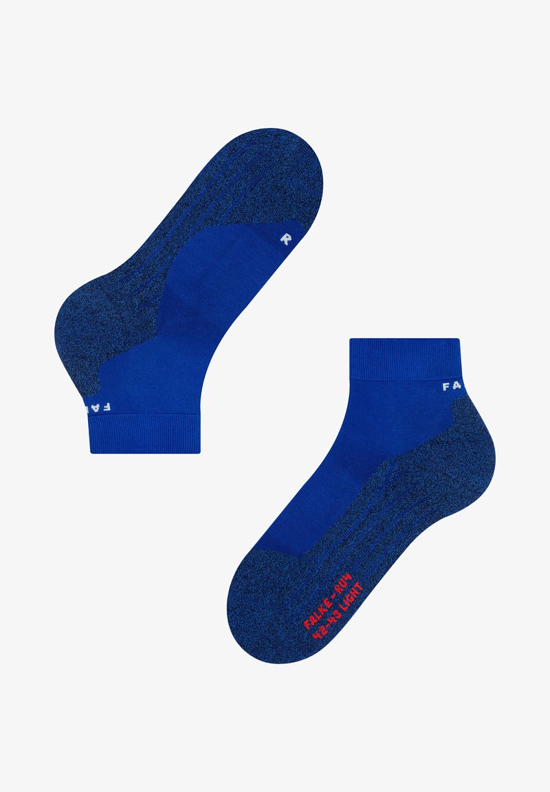 Chaussettes de cheville bleues avec un design texturé, des bords côtelés et des sections de talon et d'orteil renforcées. Taille et nom de la marque imprimés sur la semelle.