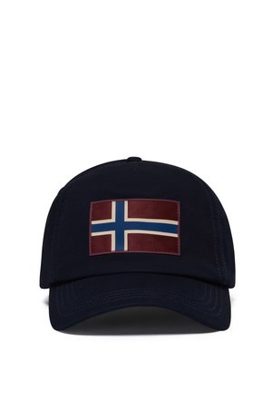 Marineblå baseballkasket med en frontpatch med et rød-hvid-blåt nordisk korsflag-design.