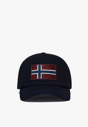 Marineblå baseballkasket med en frontpatch med et rød-hvid-blåt nordisk korsflag-design.