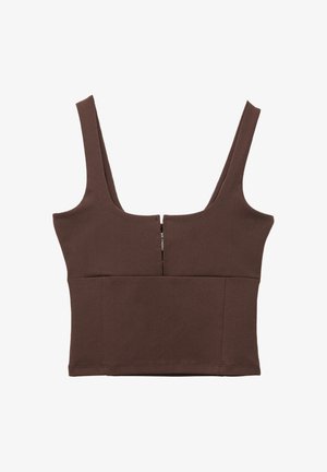 Brun kortad top med breda axelband och djup fyrkantig halsringning, med en dold zip fast i mitten fram.