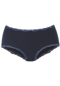 Marineblaue Panties mit Spitze, die eine glatte Stoffoberfläche aufweisen, mit gewelltem Spitzensaum und einem kleinen Schleifchen in der Mitte vorne.