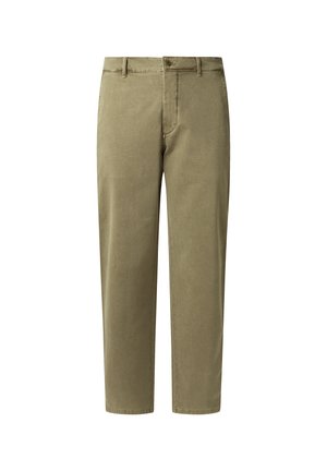 Khaki-colored trousers made of soft cotton fabric, featuring a straight leg design, front pockets, and a classic button closure.