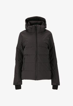 Svart vadderad jacka med hög krage, dragkedjeslutning och två sidovadderade fickor. Texturerat tyg med elastiska ärmslut för ökad isolering.