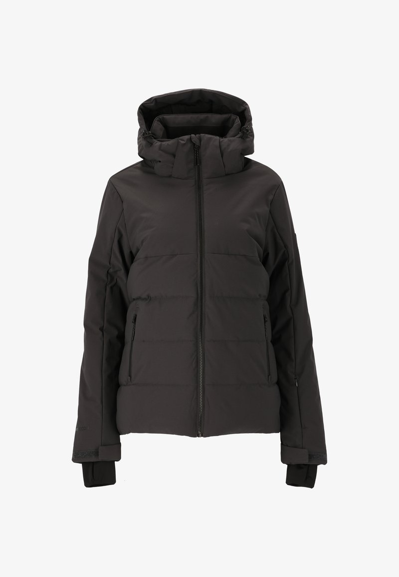 Schwarze wattierte Jacke mit hohem Kragen, Reißverschluss und zwei seitlichen Reißverschlusstaschen. Strukturierter Stoff mit elastischen Bündchen für zusätzliche Isolierung.