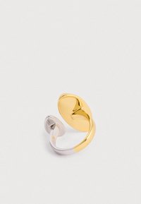 Kaareva avoin rengas, jossa on yksi suuri kultainen ovaali pää ja yksi pienempi hopeinen ovaali pää valkoista taustaa vasten.