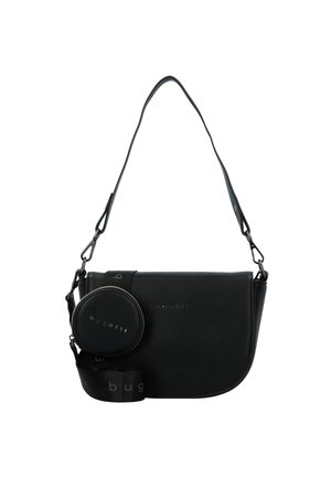 Sac à épaule en cuir noir avec une forme courbée, comprenant une pochette ronde amovible et une bandoulière tressée avec le nom de la marque imprimé en blanc.