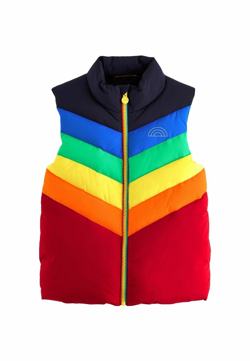 Farebná puffy vesta s vysokým golierom, so vzorom zigzag v modrej, zelenej, žltej, oranžovej a červenej farbe, s predným zipsom a detailom loga.