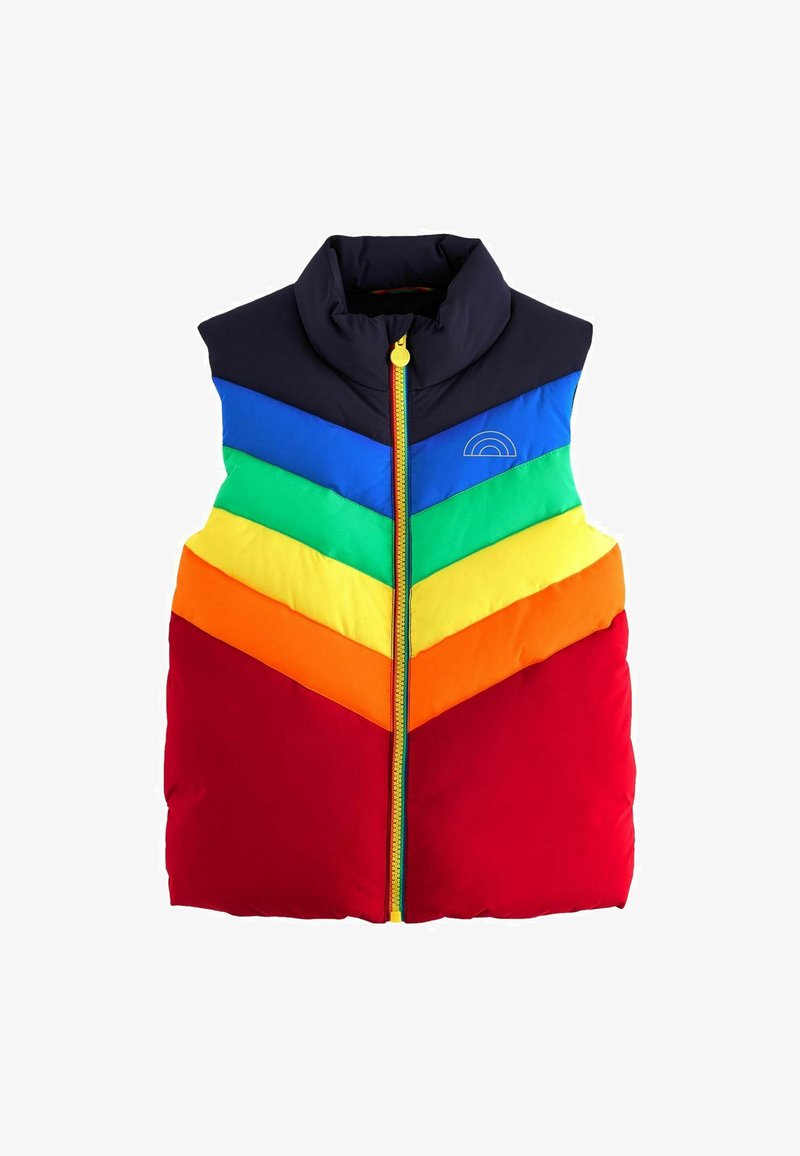 Gilet piumino colorato con colletto alto, motivo a zigzag in blu, verde, giallo, arancione e rosso, dotato di zip frontale e dettagli con logo.
