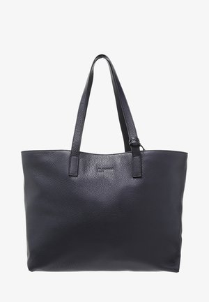 Sac fourre-tout en cuir noir avec deux bretelles et un logo embossé discret au centre avant.