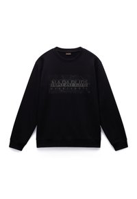 Sudadera negra de cuello redondo con mangas largas y un logotipo desvanecido de "Napapijri geographic" impreso en el pecho.