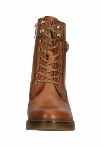 Brown leather ankle boot with laces, metal eyelets, side zipper, and a sturdy outsole. Smooth texture and minimalistic design.