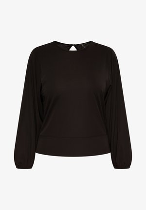 Top negro de manga larga hecho de una tela suave. Presenta un escote redondo con un detalle de ojo de cerradura en la parte posterior y mangas fruncidas.