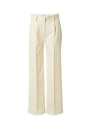 Crème wijde broek met plooien, gemaakt van een soepele stof. Kenmerkt zich door een effen afwerking en een rafelrand voor extra textuur.