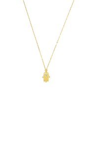Collana d'oro con pendente a mano di Fatima, decorata con intagli intricati e piccole pietre preziose. Il design delicato della catena completa il pendente.
