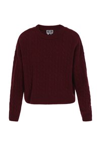 Burgunderfarbener Strickpullover mit Kabelmuster, Rundhalsausschnitt und geripptem Saum. Mit überschnittenen Schultern und langen Ärmeln.