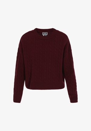 Burgunderfarbener Strickpullover mit Kabelmuster, Rundhalsausschnitt und geripptem Saum. Mit überschnittenen Schultern und langen Ärmeln.