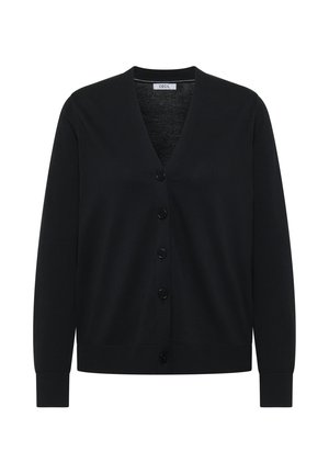 Gilet noir avec un col en V, six boutons sur le devant, manches longues et poignets et ourlet côtelés. Fabriqué dans un tissu doux et texturé.