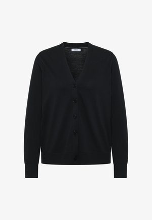 Schwarze Strickjacke mit V-Ausschnitt, sechs Knöpfen auf der Vorderseite, langen Ärmeln sowie gerippten Bündchen und Saum. Hergestellt aus einem weichen, strukturierten Stoff.