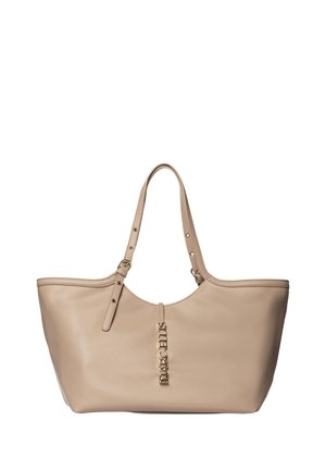 Sac cabas en cuir beige avec bretelles réglables et breloque logo Marches en métal doré au centre avant.