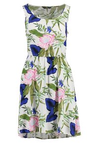 Květnaté šaty bez rukávů s kulatým výstřihem, bílé pozadí a živé tropické vzory v růžové, modré a zelené barvě. Detail s elastickým pasem.