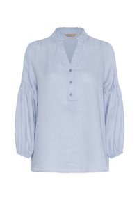 Blusa di lino azzurro chiaro con scollatura arricciata, abbottonatura e maniche a palloncino. Tessuto liscio e vestibilità comoda.