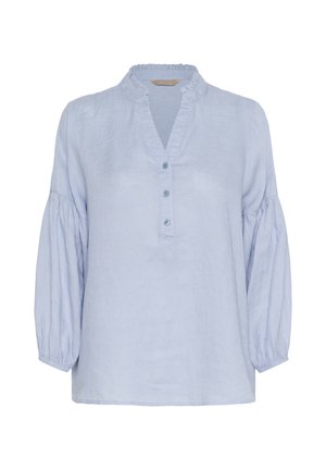 Light blue linen blouse with a ruffled neckline, buttoned placket, and balloon sleeves. Smooth texture and relaxed fit.