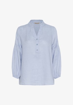 Light blue linen blouse with a ruffled neckline, buttoned placket, and balloon sleeves. Smooth texture and relaxed fit.