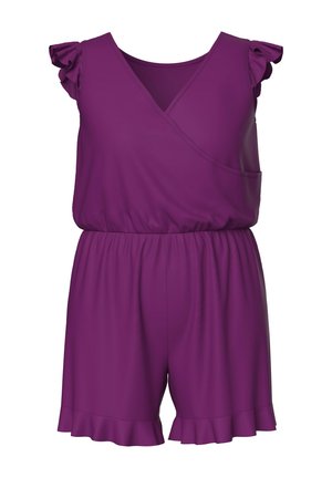 Tuta corta viola con maniche a volant, scollo a v e vita elastica. Presenta orlo svasato e colore uniforme senza motivi.