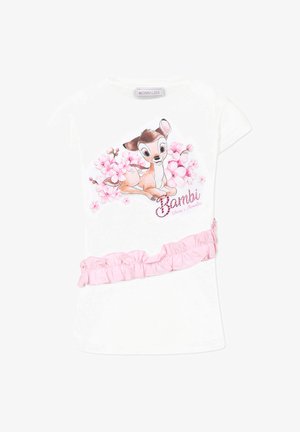 Witte T-shirt met korte mouwen met een graphic van Bambi omringd door roze bloemen en een roze gerimpelde accent bij de taille.