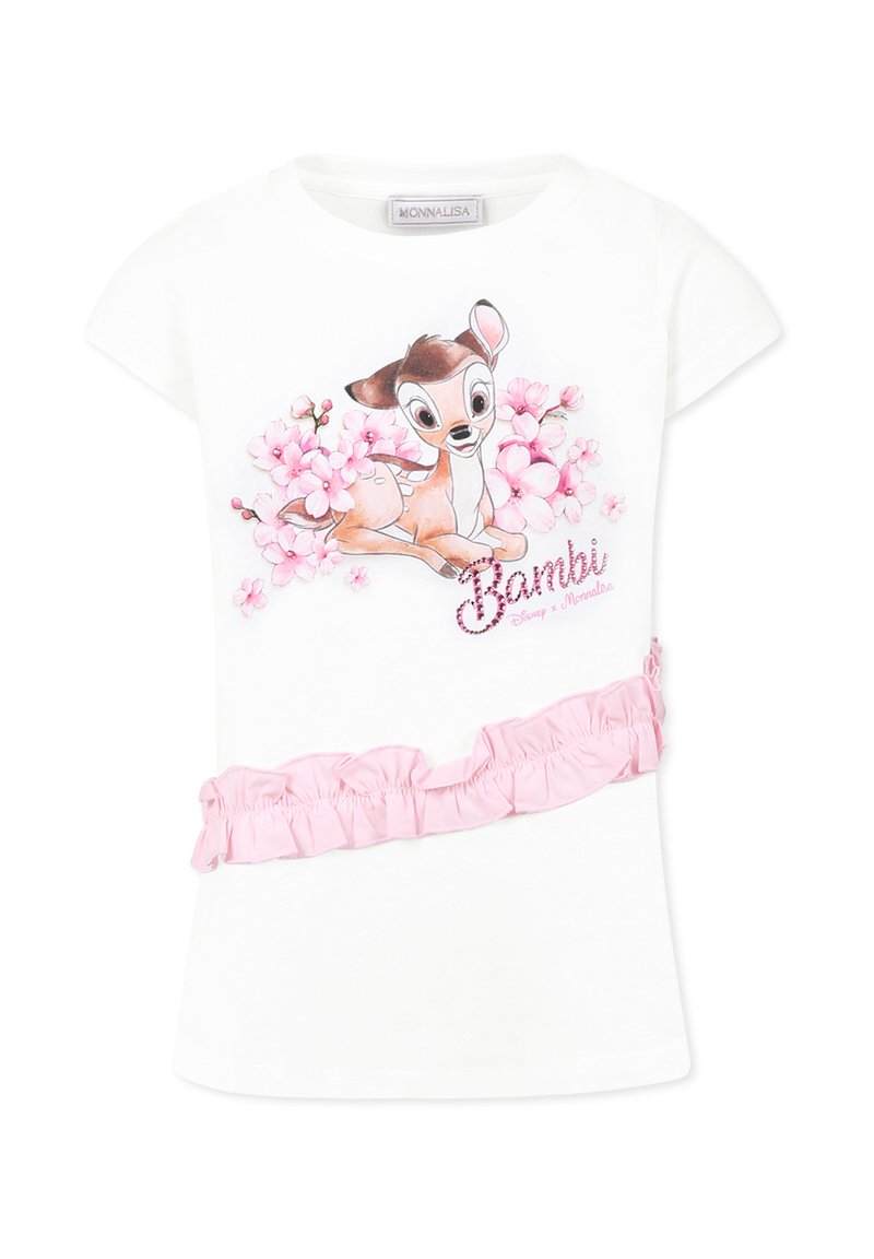 T-shirt blanc à manches courtes avec un motif de Bambi entouré de fleurs roses et un accent volant rose à la taille.