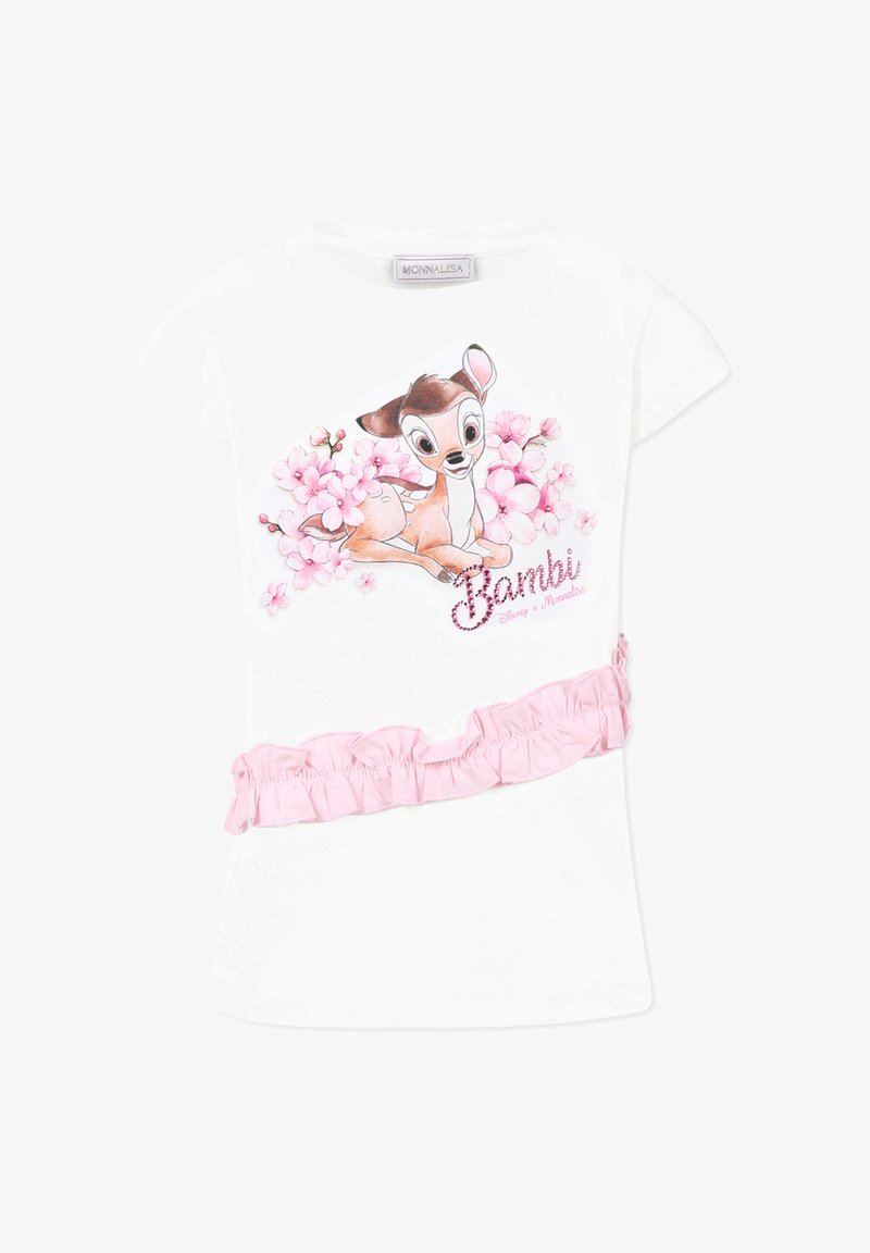 T-shirt blanc à manches courtes avec un motif de Bambi entouré de fleurs roses et un accent volant rose à la taille.