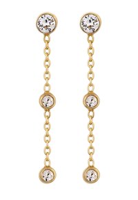 Ohrstecker in Goldoptik mit drei hängenden Kristallakzenten, einem runden Stecker oben und einem Kettenglied-Design.