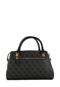 Borsa a tracolla in pelle nera con un design strutturato, dotata di una tasca frontale con zip, hardware dorato e due manici superiori.