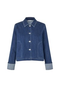 Veste en jean bleu foncé, avec un devant boutonné, un col pointu, deux poches latérales et des poignets bleu clair contrastants.