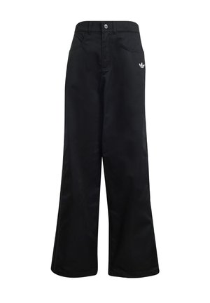 Black wide-leg pants made from durable fabric, featuring a front button closure, two side pockets, and a small white logo accent.