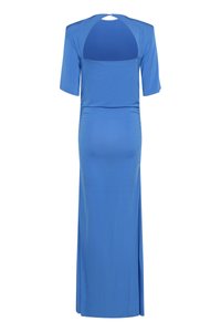 Blue long dress with a fitted bodice, relaxed sleeves, and a back cutout. Made from smooth, stretchy fabric with a sleek silhouette.