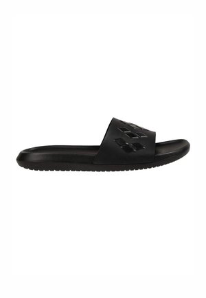 Black slide sandal with textured sole and wide strap featuring embossed diamond-shaped patterns.