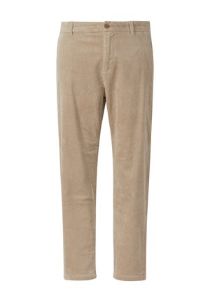Pantalon en velours côtelé beige avec des rayures verticales, doté d'une fermeture à bouton à l'avant et de passants de ceinture, design à jambe droite, texture lisse.